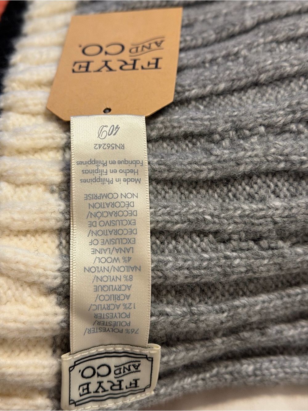 Frye Ribbed Knit Beanie in Light Gray and Cream